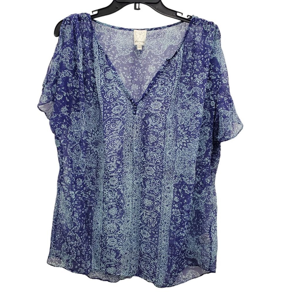 Ella Moss Women's Blue Aqua Paisley Silk Split Hem Lightweight Sheer Top Size‎ M